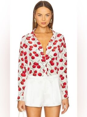 MUMA WORLD 🍒 Wonen’s Cherry Long Sleeve Button up Shirt White Size XS EUC